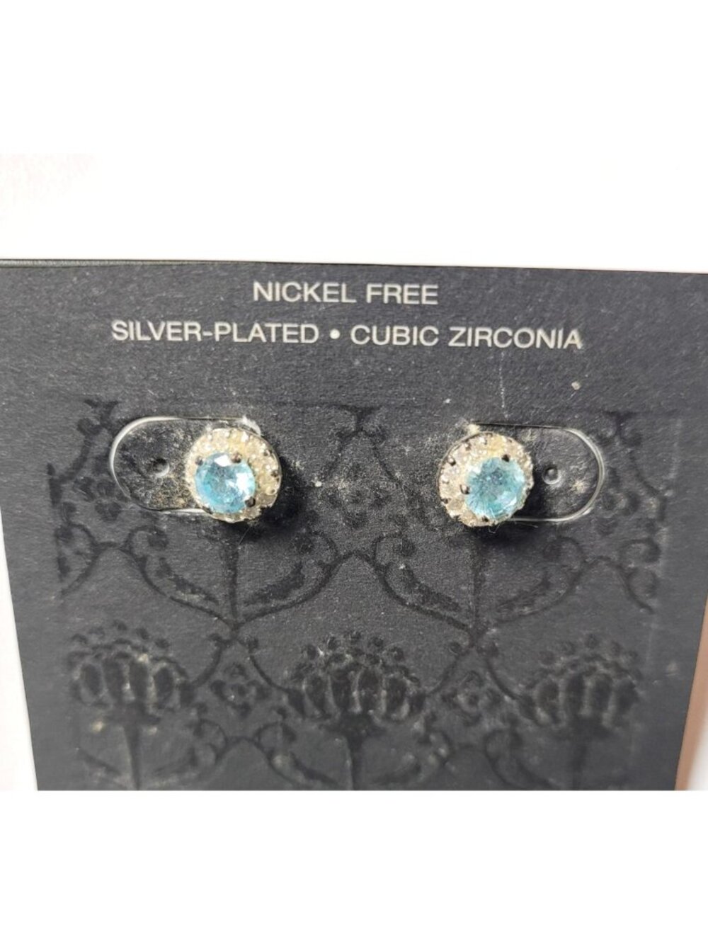 New 1990's Silver Plated Blue,Clear Cubic Zirconia Push Back Dainty Earrings